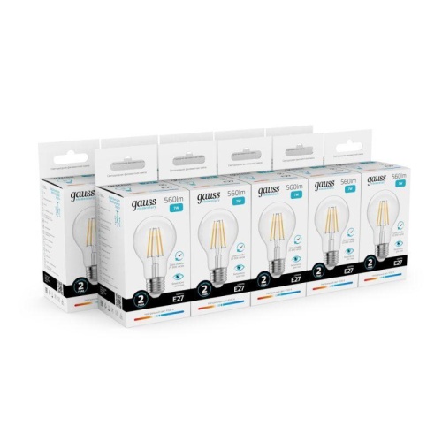 Лампа светодиодная филаментная LED 7 Вт 560 лм 4100К А60 груша нейтральный E27 AC 220В прозрачная колба Elementary Gauss | код 22227 | Gauss фото 2