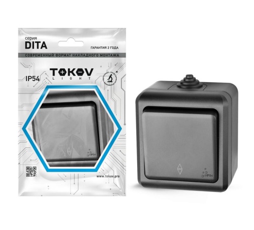 Переключатель 1-кл. ОП Dita IP54 10А 250В карбон | код TKL-DT-P1-C14-IP54 | TOKOV ELECTRIC