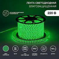LED лента 220 В, 13х8 мм, IP67, SMD 5050, 60 LED/m, цвет свечения зеленый | код 142-104 | NEON-NIGHT