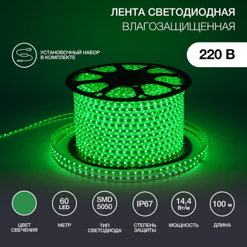 LED лента 220 В, 13х8 мм, IP67, SMD 5050, 60 LED/m, цвет свечения зеленый | код 142-104 | NEON-NIGHT