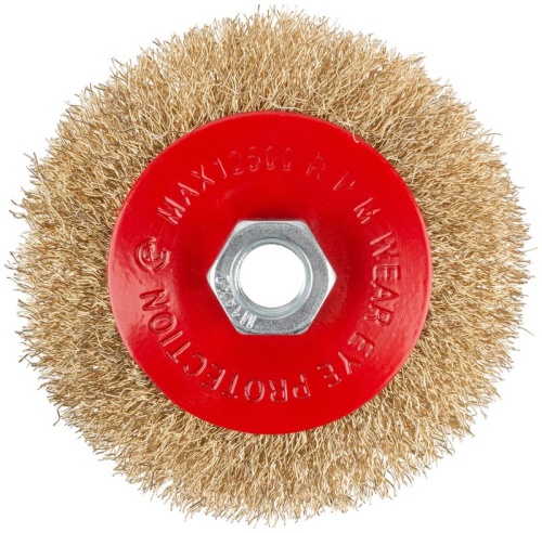Корщетка-колесо с наклоном, гайка М14, стальная латунированная волнистая проволока 100 мм, блистер | код 39083 | FIT фото 2