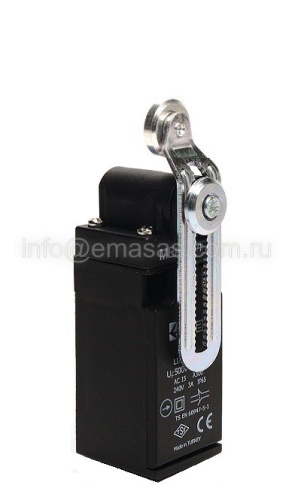 Выключатель концевой быстрого переключения угловой 2-направленный с пластмассовой консолью, металлическим роликом Ф18мм на регулируемом изогнутым рычаге (1НО+1НЗ), L3K13MEM124 | код L3K13MEM124 | EMAS