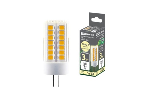 Лампа светодиодная G4-3 Вт-230 В-3000 К, SMD, 16x43 мм TDM | код SQ0340-0210 | TDM