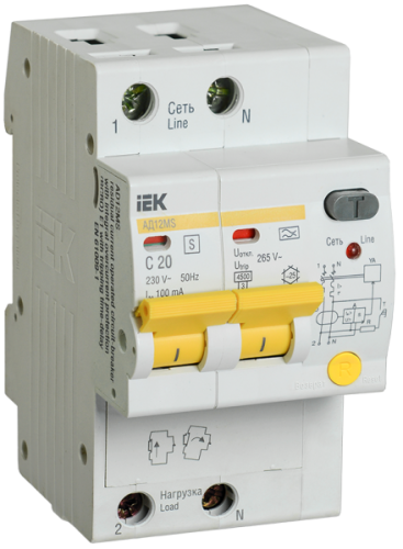Выключатель автоматический дифференциальный АД12MS 2п 20А C 100мА тип A (3 мод) | код. MAD123-2-020-C-100 | IEK 