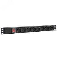 Блок розеток PDU TERACOM PRO 19'' 1U 16А/250В 8 розеток Schuko с выключателем шнур питания длиной 2 метра сечение 3x1.5 мм2 вилка Schuko корпус пластик черный | код TRP-HPD-LSP-16A-8SH-2MSH | EKF
