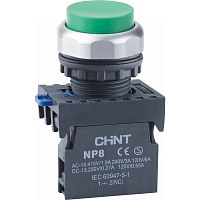 Кнопка упр. выступ., NP8-02GND/3 подсвет., самовозв., зелен., AC110-230В(LED), 2НЗ, IP65 (R) | код 667609 | CHINT