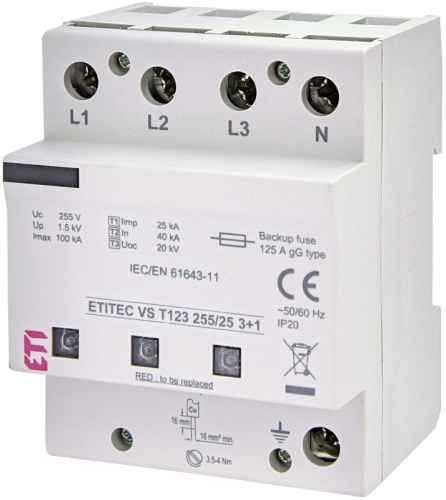 Ограничитель перенапряжения ETITEC VS T123 255/25 (3+1) RC | код 002442936 | ETI
