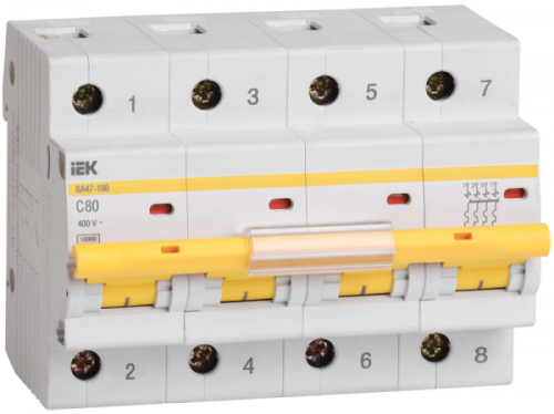 Выключатель автоматический четырехполюсный ВА47-100 80А C 10кА | код. MVA40-4-080-C | IEK 