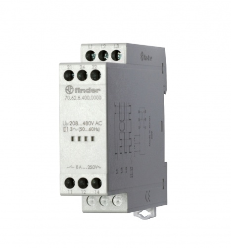 Контрольное реле для 3-фазных сетей, обрыв/чередование фаз, фиксированные регулировки, выход 2CO 8А, модульное, ширина 22.5мм, степень защиты IP20 | код 706284000000 | FINDER