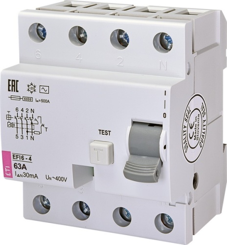 Реле дифференциальное (УЗО) EFI6-4 63/0,03 тип AC (6kA) | код 002062139 | ETI