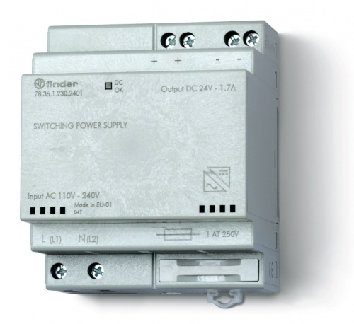 Импульсный источник питания, вход 110...240В AC, выход 24В DC, 36Вт, модульный, ширина 70мм, предохранитель входой цепи, степень защиты IP20 | код 783612302401 | FINDER Импульсный источник питания, вход 110...240В AC, выход 24В DC, 36Вт, модульный, ширина 70мм, предохранитель входой цепи, степень защиты IP20 | код 783612302401 | FINDER
