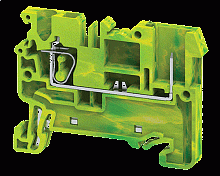 Клемма защитного проводника CXG2.5/1B /5x50mm, пружинная, штекерный отвод, 2 присоед., 2,5(max 4)mm2, желто-зеленая | код CXG2.5/1B | Connectwell