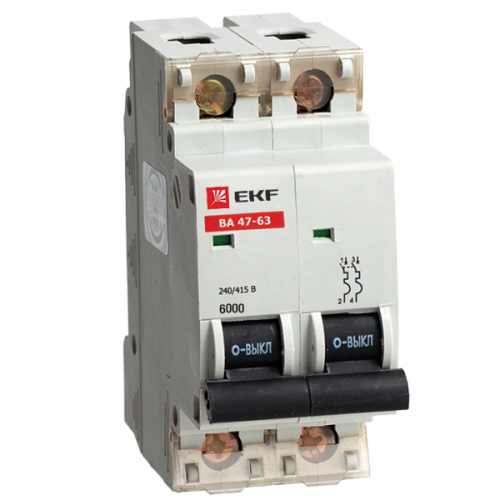 Автоматический выключатель ВА 47-63 6кА, 2P 16А (C) EKF | код. mcb4763-6-2-16C | EKF 