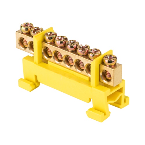Шина "0" PE (6х9мм) 8 отверстий латунь желтый изолятор тип "Стойка" на DIN-рейку PROxima | код sn0-63-8-sy | EKF