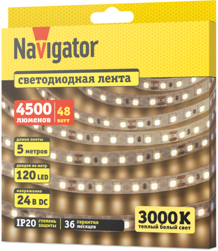Лента светодиодная 95 307 NLS-2835WW120-9.6-IP20-24V (уп.5м) Navigator 95307 Лента светодиодная 95 307 NLS-2835WW120-9.6-IP20-24V (уп.5м) Navigator 95307