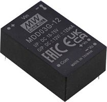 Источник питания DC-DC, 3Вт, вход 12,24В (9…36В) DC, потребление без/под нагр. 20мА/316мА, выход ±12В/±12.5…125мА, КПД 79%, ёмкостная нагр. макс. ±47мкф, изоляция 6000В DC/4200В AC, в корпусе 31.8х20.3х12.2мм, -40…+90С | код MDD03F-12 | Mea