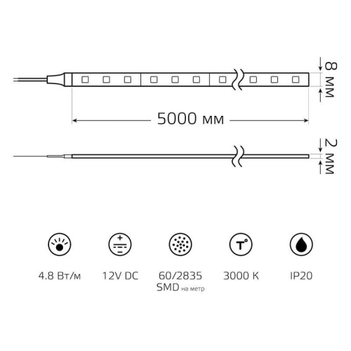 Лента светодиодная LED 2835/60-SMD 4.8 Вт/м 210 лм/м 3000К DC 12В IP20 8мм комплект лента и драйвер (блистер 5м) Black Gauss | код 312400148 | Gauss фото 8