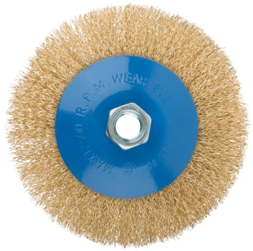 Кордщетка, тип ''колесо'' с наклоном, гайка М14, стальная волнистая латунированная проволока 125 мм | код 38928М | FIT