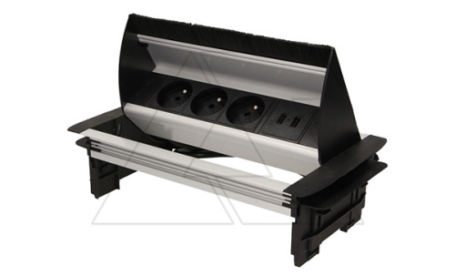 Блок розеточный встраиваемый 2хUSB 5V 2,1A + 3x2P+E со шторками, фр. стандарт, щеточный ввод кабель 1,8м, 3680вт, черный-алюминий | код OR-AE-1362-B.AL-FR | ORNO