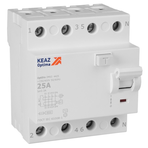 Выключатель дифференциального тока (УЗО) без защиты от сверхтоков 4П 25А 300мА AС 4,5кА OptiDin DM63-4425-AC-4,5-УХЛ4 | код 343903 | КЭАЗ