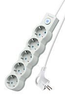 Удлинитель 5х1.5м ПВС 3х0.75 с защ. шторк. с заземл. IP20 с выкл. 220В 10А 2200Вт бел. | код YKsm1.5m-5g-Z-V10A-W | КОСМОС