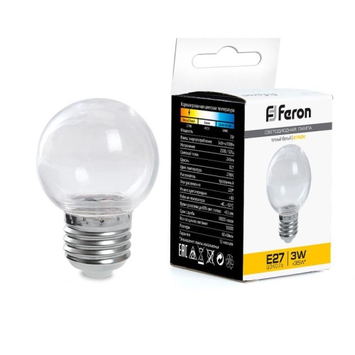 Лампа светодиодная 3Вт 230В E27 2700К G60 прозрачн. LB-371 FERON 38121 Лампа светодиодная 3Вт 230В E27 2700К G60 прозрачн. LB-371 FERON 38121