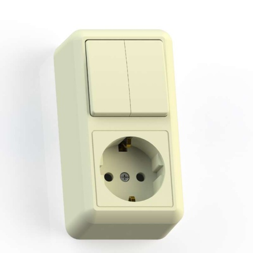 ОПТИМА Блок комбинированный открытой установки (двухклавишный выключатель+ розетка с заземляющим контактом) БКВР-428, слоновая кость | код 8088 | Кунцево-Электро