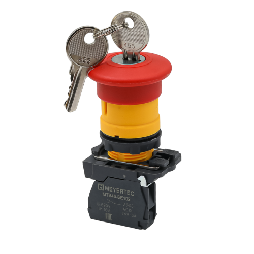 Кнопка грибовидная аварийной остановки с ключом, красная, 40 мм, возврат поворотом с фиксацией, 1NC, IP65, пластик MTB5-AS142 | код 137251 | MEYERTEC Кнопка грибовидная аварийной остановки с ключом, красная, 40 мм, возврат поворотом с фиксацией, 1NC, IP65, пластик MTB5-AS142 | код 137251 | MEYERTEC