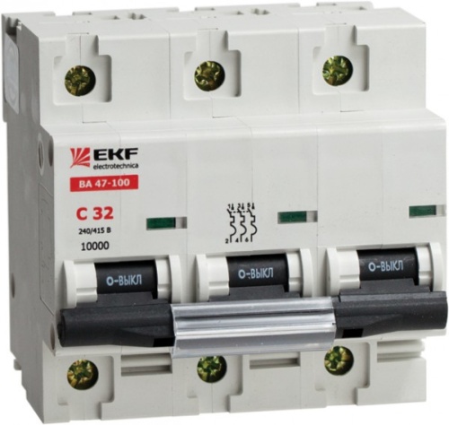 Автоматический выключатель ВА 47-100, 3P 40А (C) 10kA EKF | код. mcb47100-3-40C | EKF 