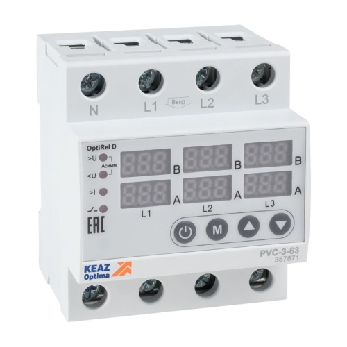 Реле напряжения OptiRel D PVC-3-63 с ЖК-дисплеем и контролем тока 3Ф 63 А | код 357871 | КЭАЗ
