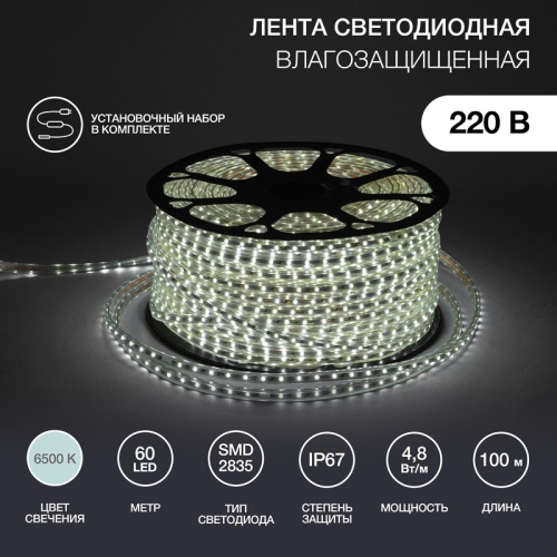 LED лента 220 В, 10х7 мм, IP67, SMD 2835, 60 LED/m, цвет свечения белый, бухта 100 м | код 142-605 | NEON-NIGHT