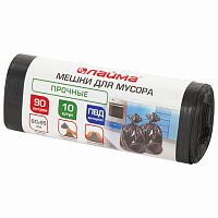 Мешки для мусора 90 л, черные, в рулоне 10 шт., прочные, ПВД 25 мкм, 60х95 см, LAIMA, 605332 | код 605332 | LAIMA