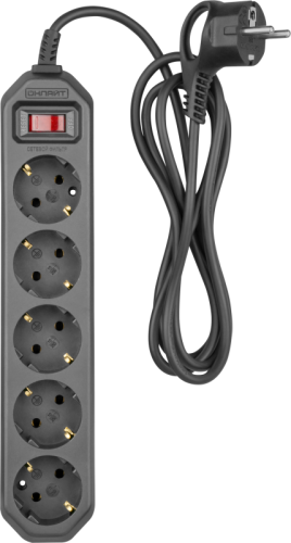 Удлинитель с сетевым фильтром 5х5м 10А IP20 2.2кВт ПВС 3х0.75 с выкл. с инд. сети черн. ОНЛАЙТ 90782