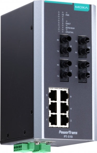 Коммутатор PT-510-4M-ST-24 IEC 61850-3 managed DIN-Rail switch, 6 x 10/100BaseT(X), 4 x 100BaseFX MM, ST connectors, 1 power su | код 00-06074489 | MOXA
