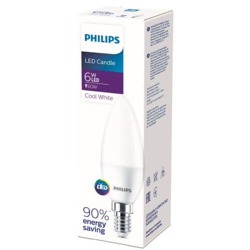 Лампа светодиодная Ecohome LEDCandle 6-60W E14 840 B35NDFR RCA | Код. 929002273737 | Philips