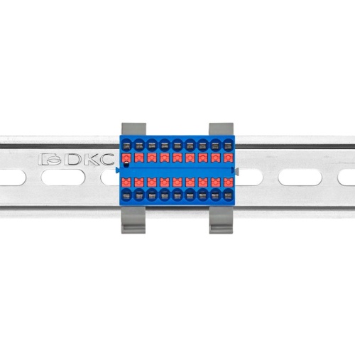 Блок распределительный с горизонт. адаптером на рейку шир. 35мм зажим push-in 18 точек подключения 2.5кв.мм син. DKC DTP1-018-04SPUB-H