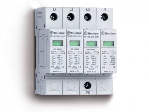 Устройство защиты от импульсных перенапряжений УЗИП тип 1 (4 варистора), модульный, ширина 70мм, степень защиты IP20 | код 7P1582751012 | FINDER