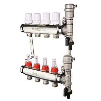 Коллекторная группа НЕРЖ со встр. расх. в сборе, 1"х6 вых. Евроконус 3/4" | код. VTc.589.EMNX.0606 | VALTEC
