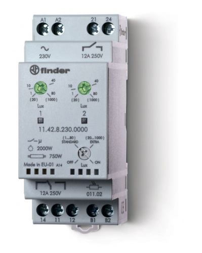 Фотореле модульное с фотоэлементом 011.02, монтаж на рейку 35мм, 1CO+1NO 12A (2 канала), питание 230В АC, настройка чувствит. 1…80люкс, 20…1000люкс, ширина 35мм, степень защиты: фотореле IP20, фотоэлемент IP54 | код 114282300000 | FINDER Се