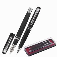 Набор ручек подарочных BRAUBERG Duetto, СИНИЕ, 2 шт: шариковая, перьевая, черный с хромированными деталями | код 143478 | BRAUBERG