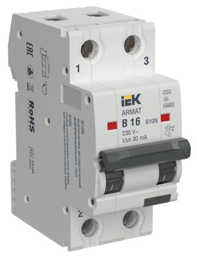 Выключатель автоматический дифференциального тока 2п B 16А 30мА тип A АВДТ B10N электромеханич. ARMAT IEK AR-B10N-2-B016A030 Выключатель автоматический дифференциального тока 2п B 16А 30мА тип A АВДТ B10N электромеханич. ARMAT IEK AR-B10N-2-B016A030