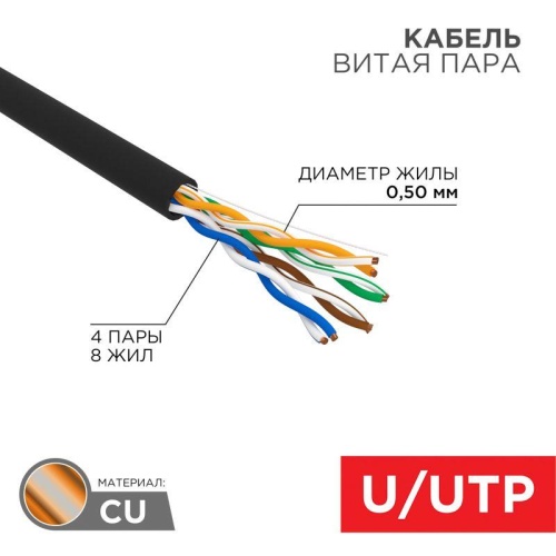 Кабель витая пара UTP 4PR 24AWG, CAT5e наружный (OUTDOOR) (01-0045) | Rexant Кабель витая пара UTP 4PR 24AWG, CAT5e наружный (OUTDOOR) (01-0045) | Rexant