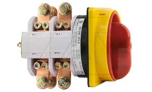 Переключатель BS 200 10 LK, аварийный, 3P, 200A, тип 0-1, 60kW(400VAC по АС-23), на дверь, красная блокируемая в 0 рукоятка, фронт IP40 | код EAC605697 | Rade Koncar