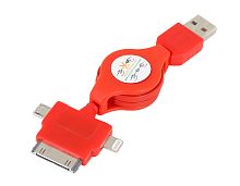 USB кабель-рулетка 3 в 1 для iPhone 5/microUSB/iPhone 4 красный | код 18-4055 | REXANT