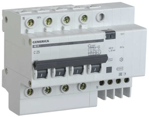 Выключатель автоматический дифференциальный АД14 4п 25А C 25А тип AC (6,5 мод) GENERICA | код. MAD15-4-025-C-030 | IEK 