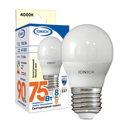 Лампа светодиодная LED 8w 4000К, E27, 720Лм, матовая, шар IONICH | код 1545 | Universal