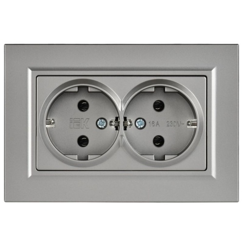 BRITE Розетка 2-местная с заземлением без защитных шторок плоская 16А в сборе РСПл12-3-БрС сталь IEK | код BR-R27-16-K46-F | IEK