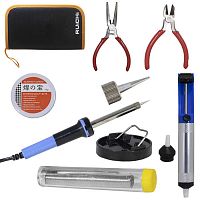 Набор для пайки RUICHI 908+ (паяльник 30 Вт, подставка, держатель, экстрактор, сменный наконечник экстрактора, припой, канифоль, бокорезы, тонкогубцы) | код 114304 | Ruichi