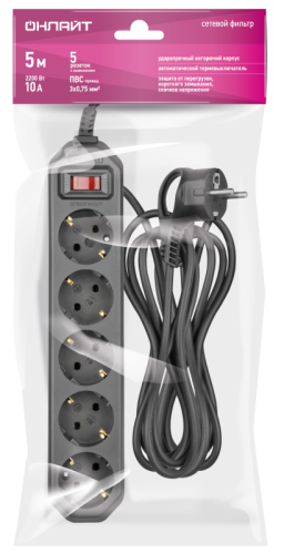 Удлинитель с сетевым фильтром 5х5м 10А IP20 2.2кВт ПВС 3х0.75 с выкл. с инд. сети черн. ОНЛАЙТ 90782 фото 4