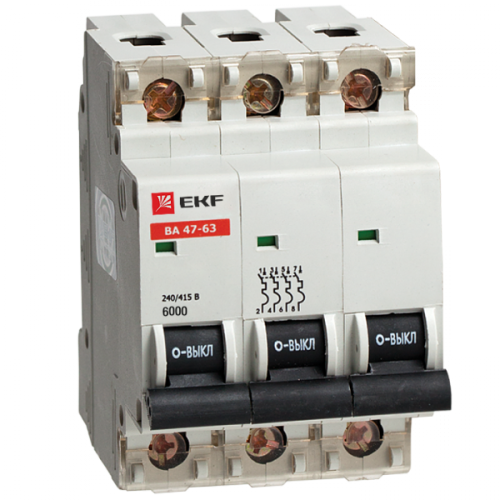 Автоматический выключатель ВА 47-63 6кА, 3P 16А (C) EKF | код. mcb4763-6-3-16C | EKF 